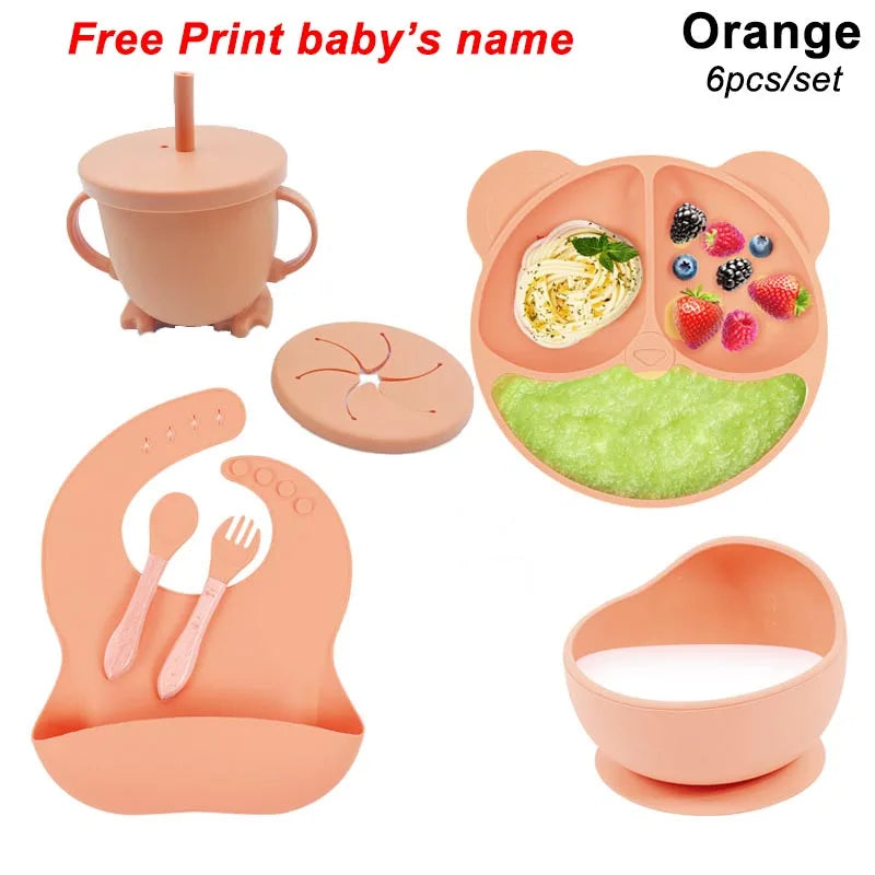 Baby Feeding Plate Sets Suction Bowl Silicone Plate For Kids 6Pcs Children Tableware Personalized Name Dinner Dishes Cups Spoon Purest Peak
